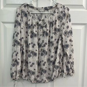 Lucky Brand Cream Pink Tan Floral Print Pleats Elastic Women's Blouse Shirt Top